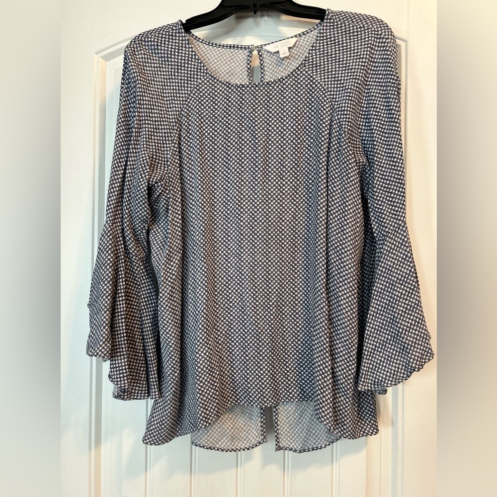 Navy blue and white gingham print blouse size large